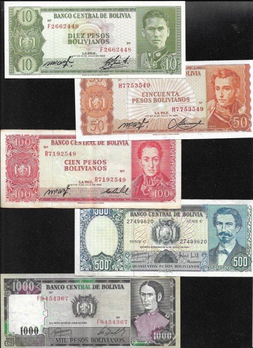 Set Bolivia 10 + 50 + 100 + 500 + 1000 pesos bolivianos
