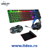 Kit Gaming 4 in 1, Darklove, Cu tastatura, mouse, casti si mousepad, Tehnologia RGB integrata, Keycaps cu capac rotund, Design ergonomic, Conectare US