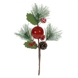 Crenguță Decorativă de Crăciun, Pomușoare Roșii, Mere, Conuri și Frunze Ninse, 23cm, Multicolor