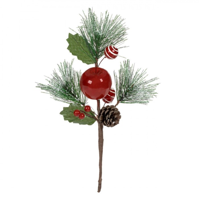 Crenguță Decorativă de Crăciun, Pomușoare Roșii, Mere, Conuri și Frunze Ninse, 23cm, Multicolor