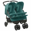 Cărucior Dublu Gemeni Verde vidaXL, Oțel, Pliabil, Spătar Reglabil, Baldachin, Coș Depozitare, Siguranță Copii, Max 15 kg