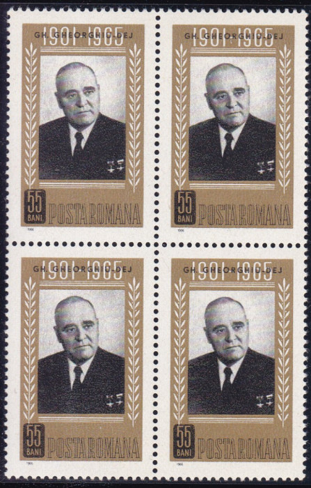 1965 LP 623 GHE.GHEORGHIU DEJ - 1 AN DE LA MOARTE BLOC DE 4 TIMBRE MNH