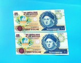 Lot 2 Bancnote 1 Dollar 1992 Bahamas-( Cristopher Columbus) -RARE-Consecutive