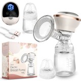 Cumpara ieftin Pompa de San Electrica, 9 Niveluri Aspiratie, 3 Moduri, Afisaj Digital, Masaj, Fara BPA, Biberon 180ml, USB-C, Crem/Negru