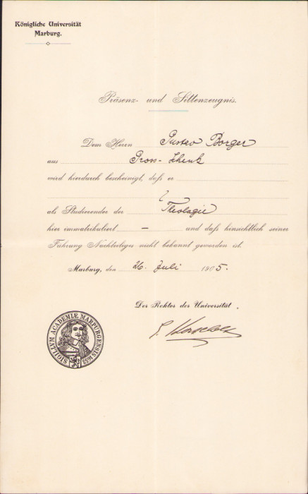 HST A1918 Certificat 1905 profesor Gustav Borger Sibiu Marburg