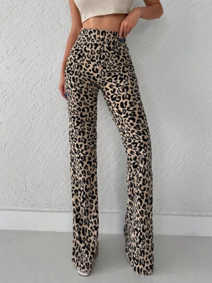 Pantaloni evazati, cu imprimeu leopard si talie inalta, maro, dama, Shein foto