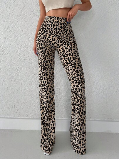 Pantaloni evazati, cu imprimeu leopard si talie inalta, maro, dama, Shein