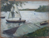 Cu barca - semnat Roland G., Peisaje, Ulei, Altul