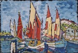 Cumpara ieftin Constantin UDROIU (1930-2014)-Bărci cu p&acirc;nze &icirc;n port, pictură (1999), Marine, Tempera, Impresionism