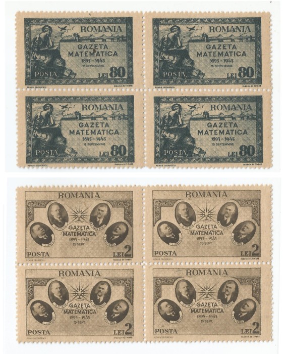 |Romania, LP 180/1945, Gazeta Matematica, blocuri de 4, MNH