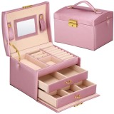 (DL) Cutie depozitare si organizare bijuterii, MDF, piele ecologica si velur, 17,5 x 14 x 12,5cm, roz Household NewTrend