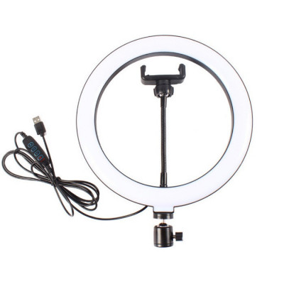 Lampa circulara LED, 26 cm, 3 tipuri de lumina, 3 x Suport telefon, Trepied, USB, Alb/Negru foto