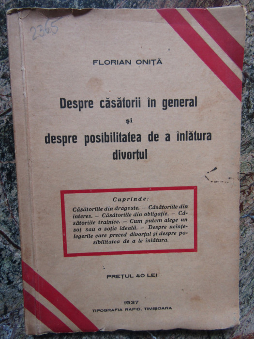 Florian Onita - Despre Casatorii -Inlaturarea Divortului - 1937
