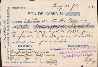 HST A1458 Bon de cassa 1932 Societatea de asigurări generale Franco-Rom&amp;acirc;nă Lugoj foto