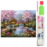 Set de broderie cu diamante 5D, model Gradina Japoneza, 30x40 cm, accesorii incluse, multicolor