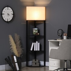 HOMCOM Lampa de podea de colt cu rafturi si abajur din material textil, lampa din lemn pentru living si dormitor, 50x37x159cm, negru foto