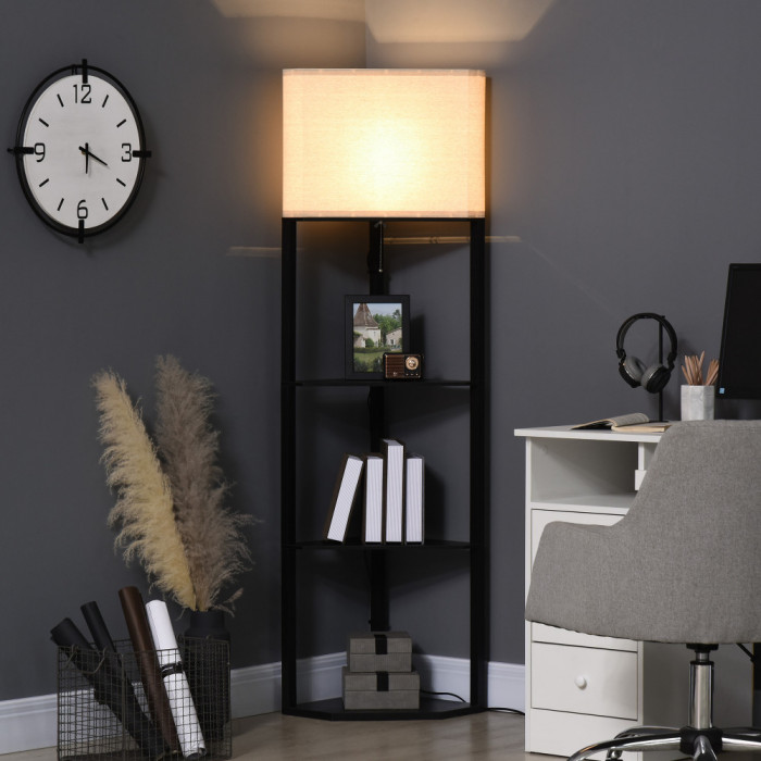 HOMCOM Lampa de podea de colt cu rafturi si abajur din material textil, lampa din lemn pentru living si dormitor, 50x37x159cm, negru