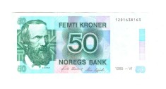 Bancnota Norvegia 50 kroner 1985, stare foarte buna