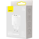 Incarcator retea Baseus Compact, Quick Charger, 30W, 1x USB-C, 2x USB, PD 3.0, Alb