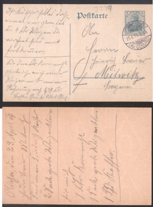 Germany 1914 Postal History Rare Old postcard postal stationery Sonnefeld D.460