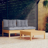 VidaXL Set mobilier de grădină cu perne gri, 3 piese, lemn de pin