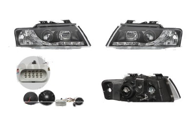 Set faruri Audi A4 (B6), 11.2000-11.2004, Cabrio, partea Stanga+Dreapta, Tuning, Fata, cu lumina de parcare LED; tip bec H1+H1; manual; negru, transp foto