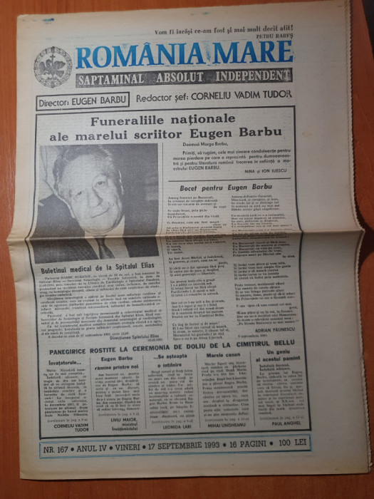 ziarul romania mare 17 septembrie 1993-funeraliile nationale ale lui eugen barbu