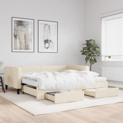 vidaXL Pat de zi cu extensie și sertare, crem, 100x200 cm, textil 3196641 foto