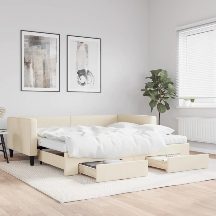 vidaXL Pat de zi cu extensie și sertare, crem, 100x200 cm, textil 3196641
