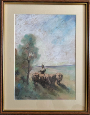 ION MARINESCU-V&amp;Acirc;LSAN (1866-1935)&amp;ndash;Ciobăniţă, pastel, licitat foto