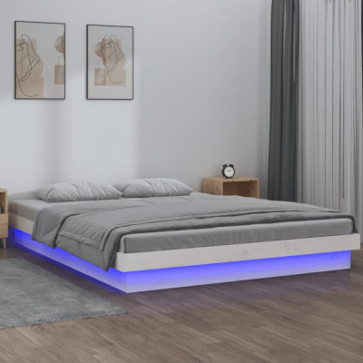 vidaXL Cadru de pat cu LED King Size, alb, 150x200 cm, lemn masiv foto