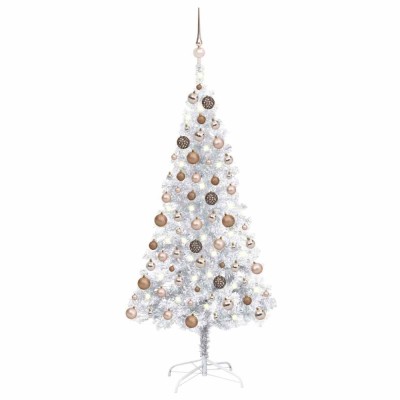 vidaXL Brad Crăciun pre-iluminat cu set globuri, argintiu, 150 cm, PET 3077609 foto
