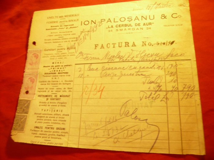 Factura cu Antet a Firmei Ion Palosanu &amp;Co- La Cerbul de Aur -1942 ,4 timbre fis