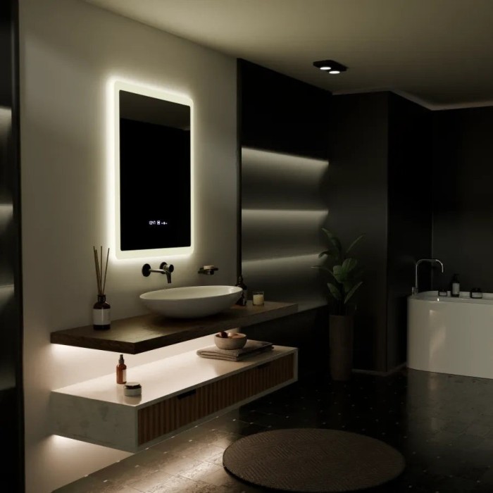 Oglinda LED Rectangulara, 60x80cm, Pugliesi Senzor MotionGlow Marcello, Sistem Dezaburire, Ceas &amp; Termometru, Dimabila ModernLight Concept