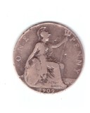 Moneda Marea Britanie 1 penny 1909, uzata, curata