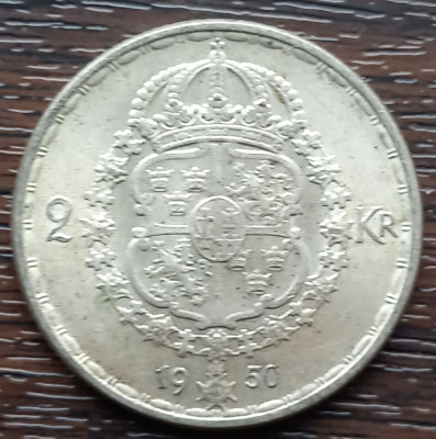 (A980) MONEDA DIN ARGINT SUEDIA - 2 KRONOR 1950, LIT. TS, REGELE GUSTAV V foto