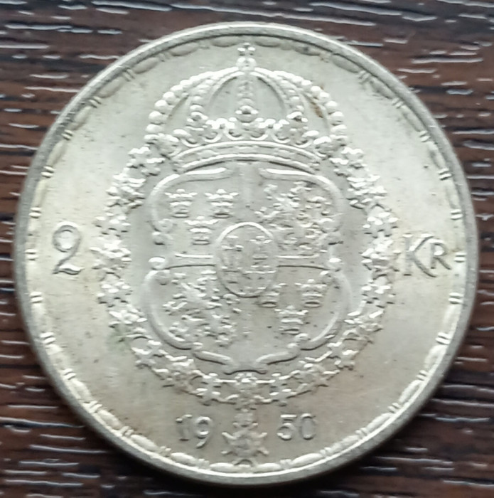 (A980) MONEDA DIN ARGINT SUEDIA - 2 KRONOR 1950, LIT. TS, REGELE GUSTAV V