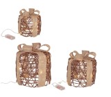Set 3 decoratiuni Craciun Cadouri metal ratan maro 45 microleduri &Oslash;15x17h; &oslash;20x23h; &oslash;25x30h