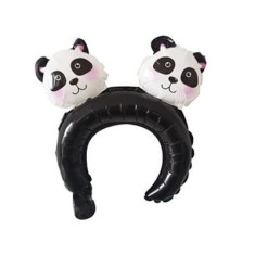 Balon din folie metalizata, flippy, tip coronita cu urechi, model panda, ambalaj individual, pai inclus, umflare cu aer sau heliu, 30 x 27 cm, albastr