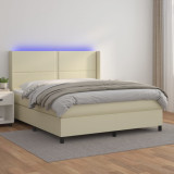 VidaXL Pat cu arcuri, saltea și LED, crem, 160x200 cm, piele ecologică