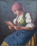 Istv&aacute;n Sz&aacute;sz (1868-1965)-T&acirc;nără cu fotografie &icirc;n m&acirc;ini, pictură pe p&acirc;nză