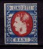 RO 1869 ,LP 29 ,"Carol I cu favoriti",50 bani albastru/rosu, stampilat