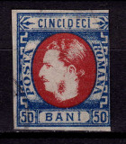 RO 1869 ,LP 29 ,&quot;Carol I cu favoriti&quot;,50 bani albastru/rosu, stampilat