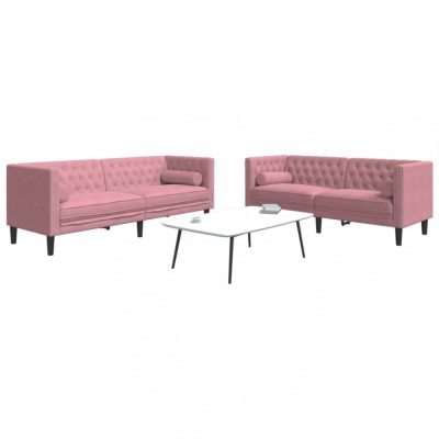 vidaXL Set canapele Chesterfield cu perne rulou, 2 piese, roz, catifea 3209294 foto