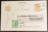 ROMANIA 1925 - Intreg Postal 50 bani Ferdinand - circulat Cernauti (Bucovina) - Berlin - expeditor DR. PAUL WOTTA - suprafrancat 2 lei verde Ferdinand