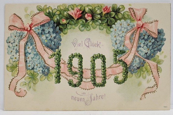 VIEL GLUCK IN NEUNEN JAHRE ! ( MULT NOROC IN NOUL AN ), CARTE POSTALA EMBOSATA , CROMOLITOGRAFIE , 1905