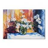 Tablou Vaza cu margarete pictat manual, 70x50cm ulei pe panza in cutit efect 3D, gata de agatat pe perete