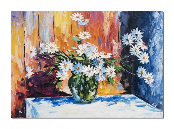 Tablou Vaza cu margarete pictat manual, 70x50cm ulei pe panza in cutit efect 3D, gata de agatat pe perete
