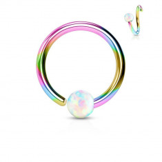 Piercing din oțel inoxidabil, cerc lucios în culorile curcubeului cu bilă din opal sintetic - Grosime x diametru x dimensiune bilă: 1,6 x 10 x 4 mm