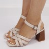 Sandale Dama Elegante Bej Toc Gros 7cm Piele Eco Catarama Imprimeu Lemn H8-713